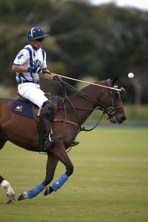 A man riding on the back of a brown horse during Polo.