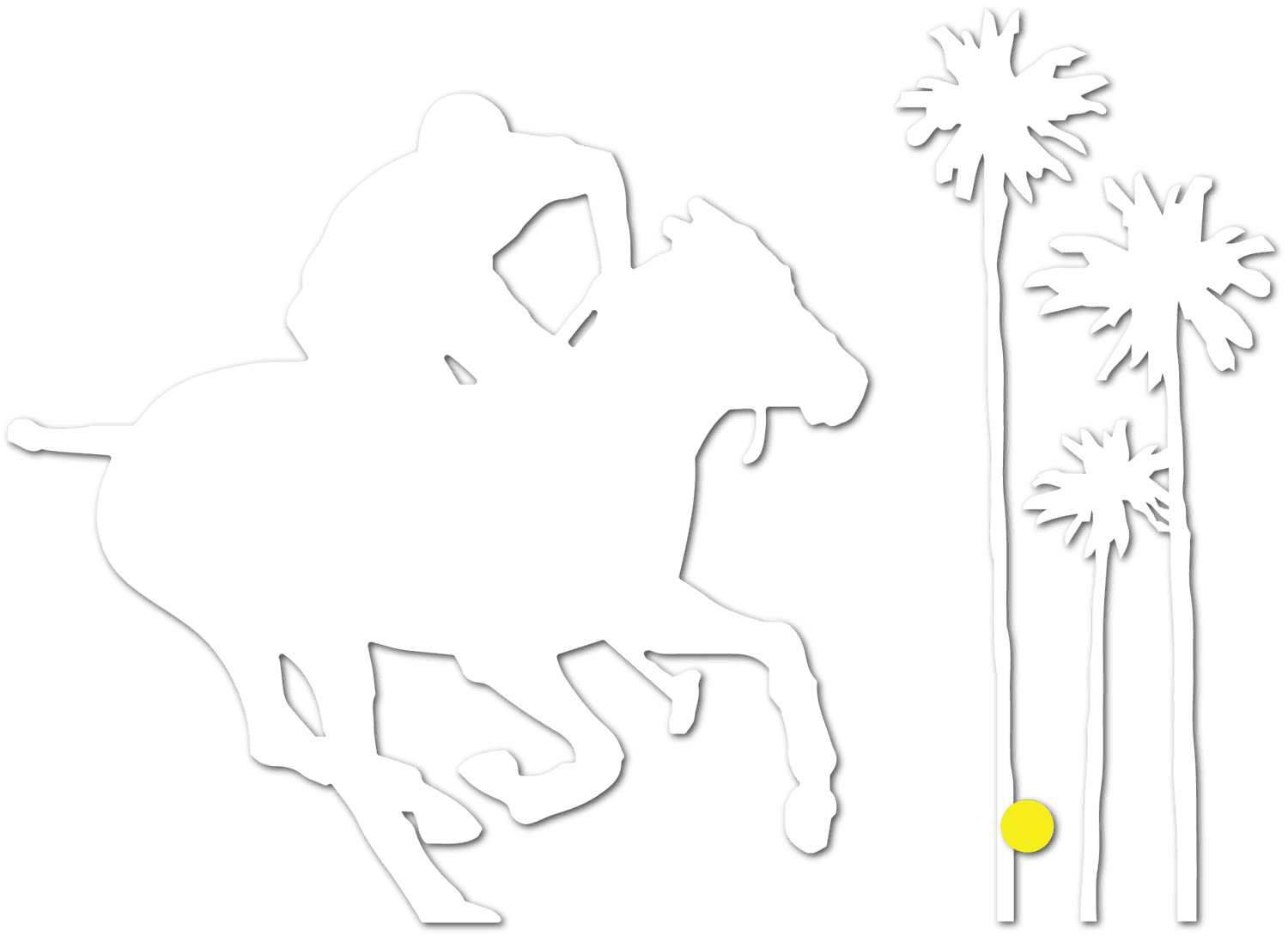 a drawing of a man riding a horse next to palm trees.